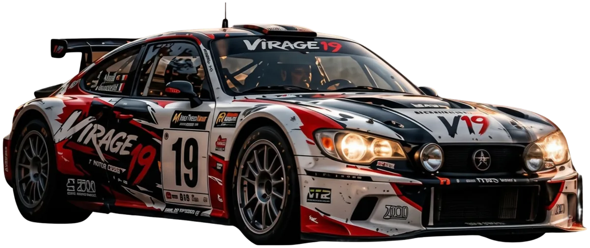 Voiture de rallye Virage 19 en vue trois quarts avant, phares allumés, livrée noire, rouge et blanche avec le numéro 19