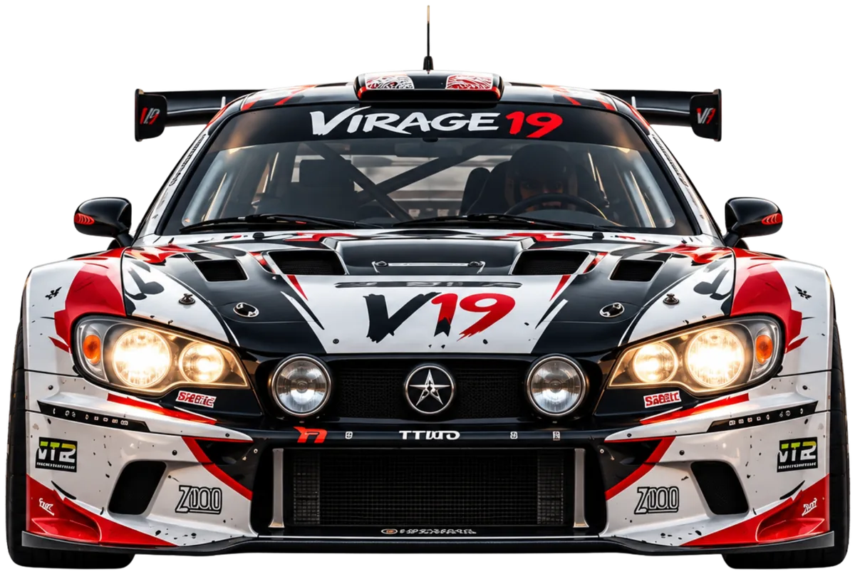 Voiture de course Virage 19 vue de face, phares allumés, logo V19 sur le capot
