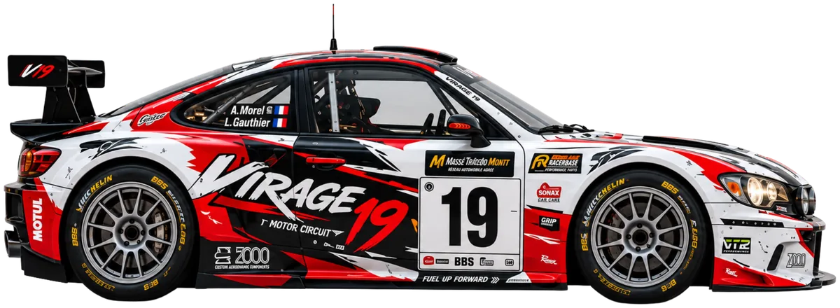 Voiture de course Virage 19 de profil avec livrée complète, numéro 19 et logos de partenaires
